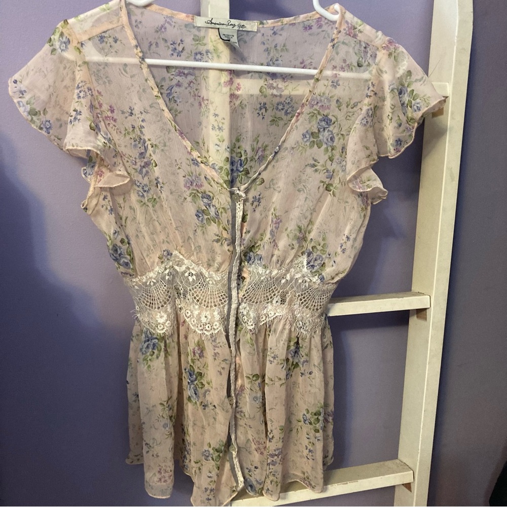 American Rag Floral Lace-Trim Pink Blouse